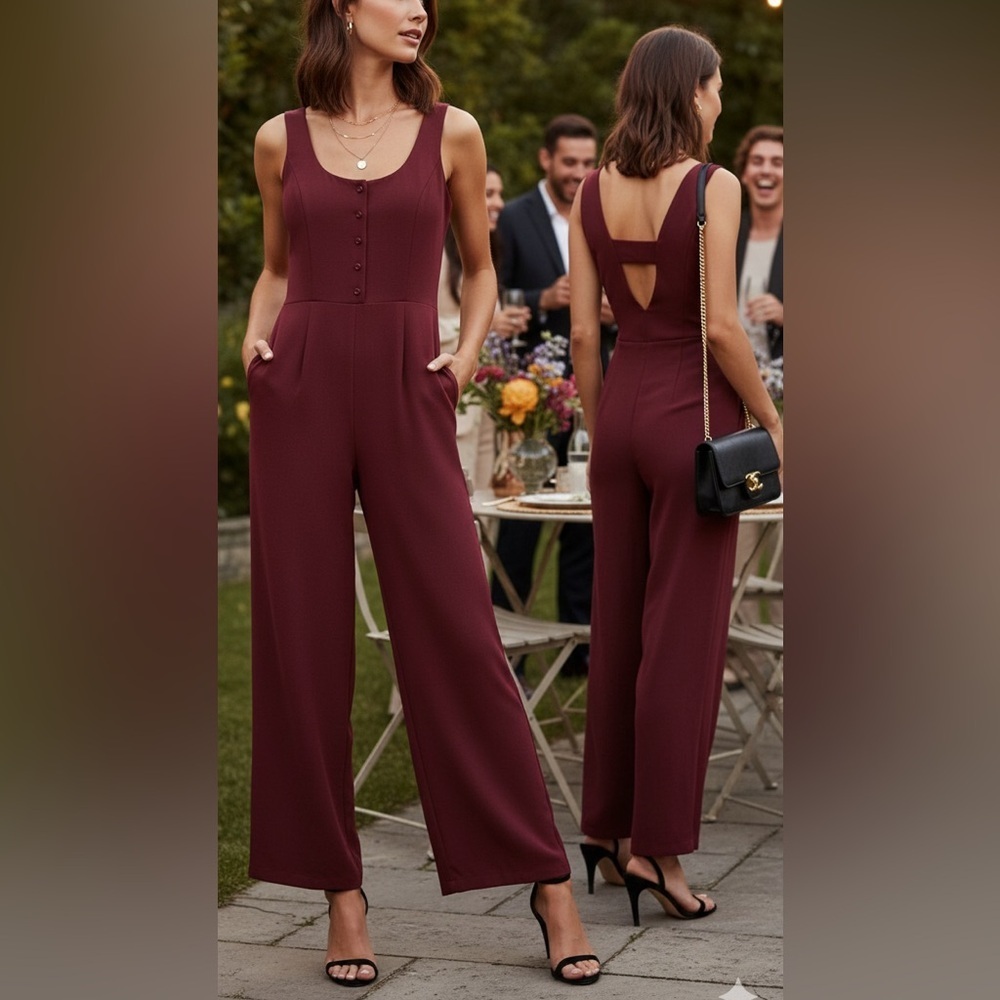 Julia Jordan Maroon Button Wide Leg Jumpsuit